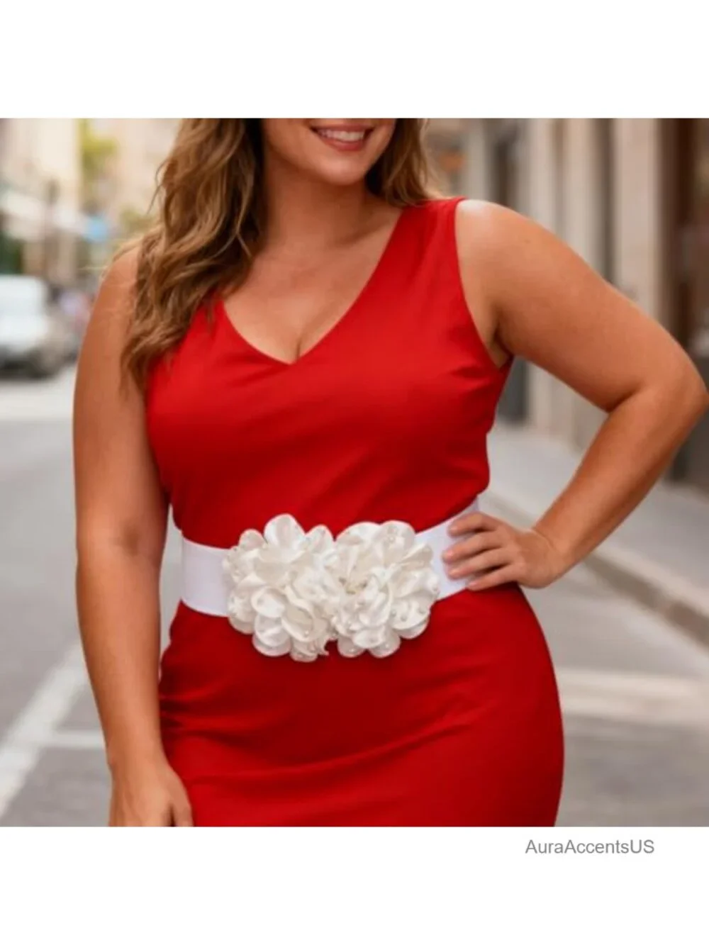 Stretchy Wide Elastic Belt with Pearl Flower Design for Women